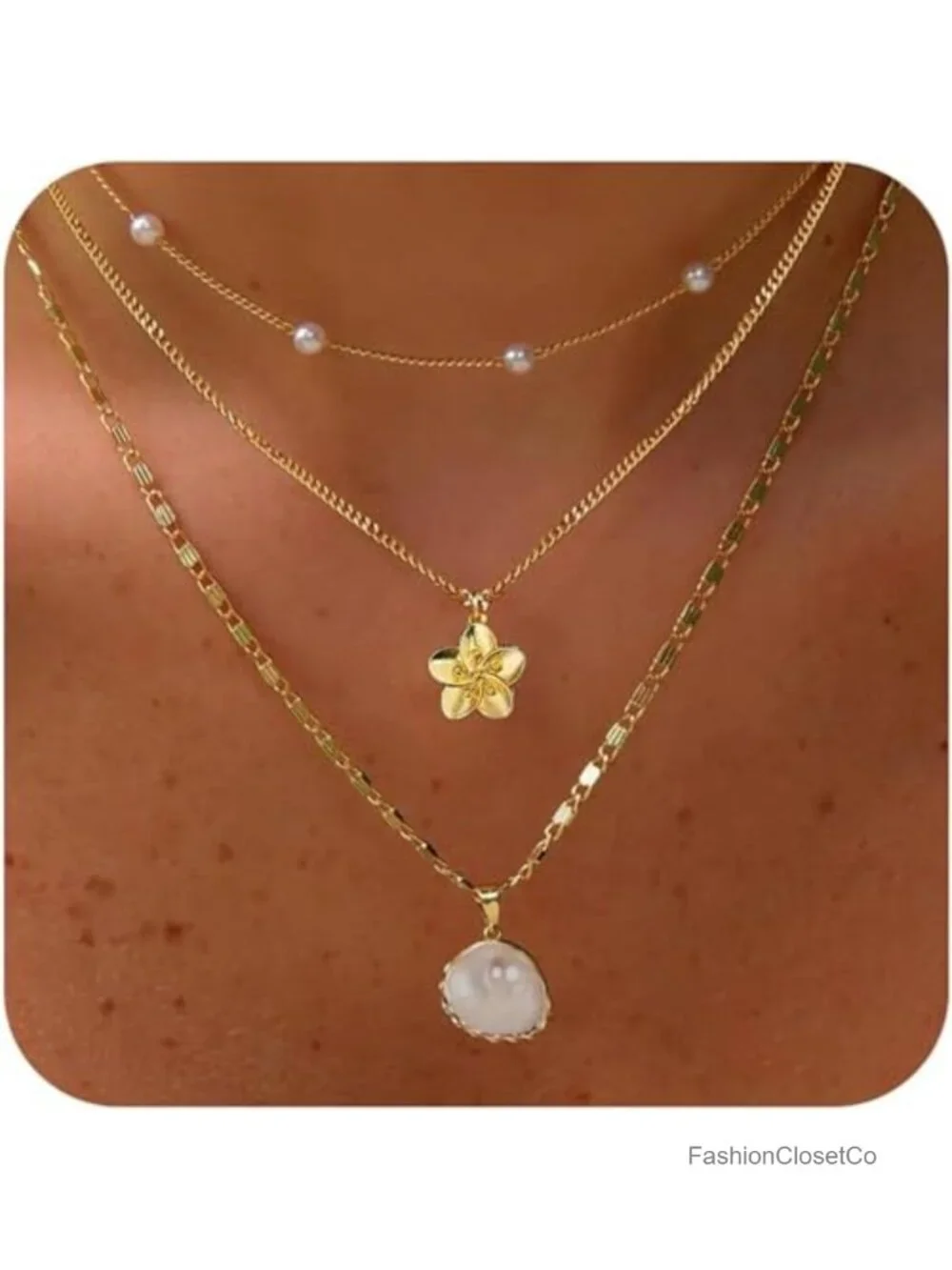 Gold Plated Shell Flower Charm Necklace Layered Boho Seashell Starfish Pearl
